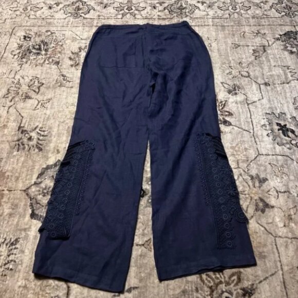 Johnny Was 100% Linen Blue Pants Size Small Drawstring Embroidered - Picture 2 of 3